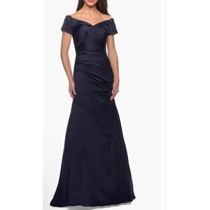 La Femme 25996 Off the Shoulder Beaded Satin Trumpet Gown Blue Size 18